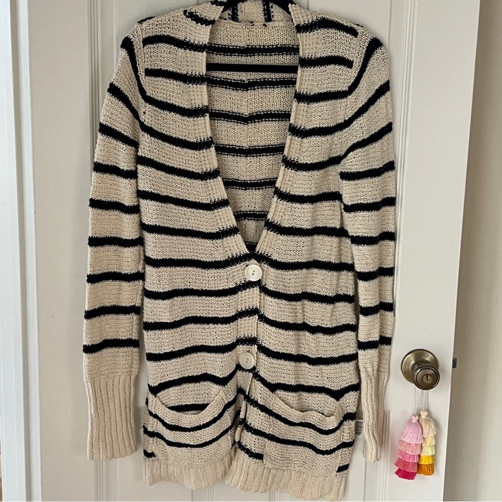 Women’s FP Beach North Beach Striped Cardigan Sweater Cream & Navy Blue Size L